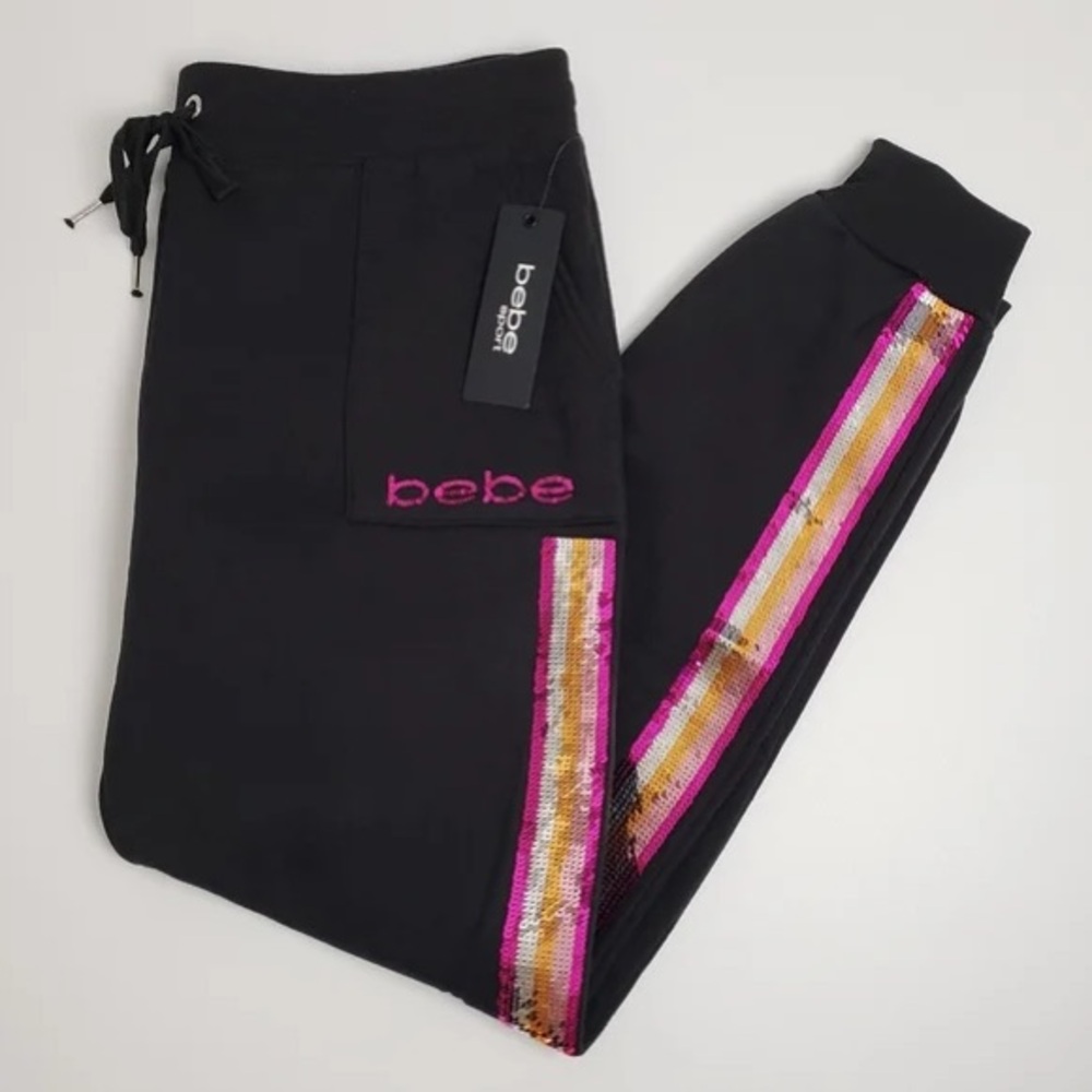 NWT Bebe Sequin Stripe Jogger Sweatpants Sz M $79